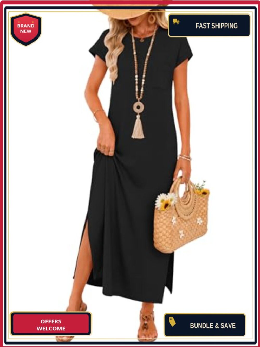 Womens Summer Maxi Dress Short Sleeve Loose Split Wrinkle-Free Beach Travel